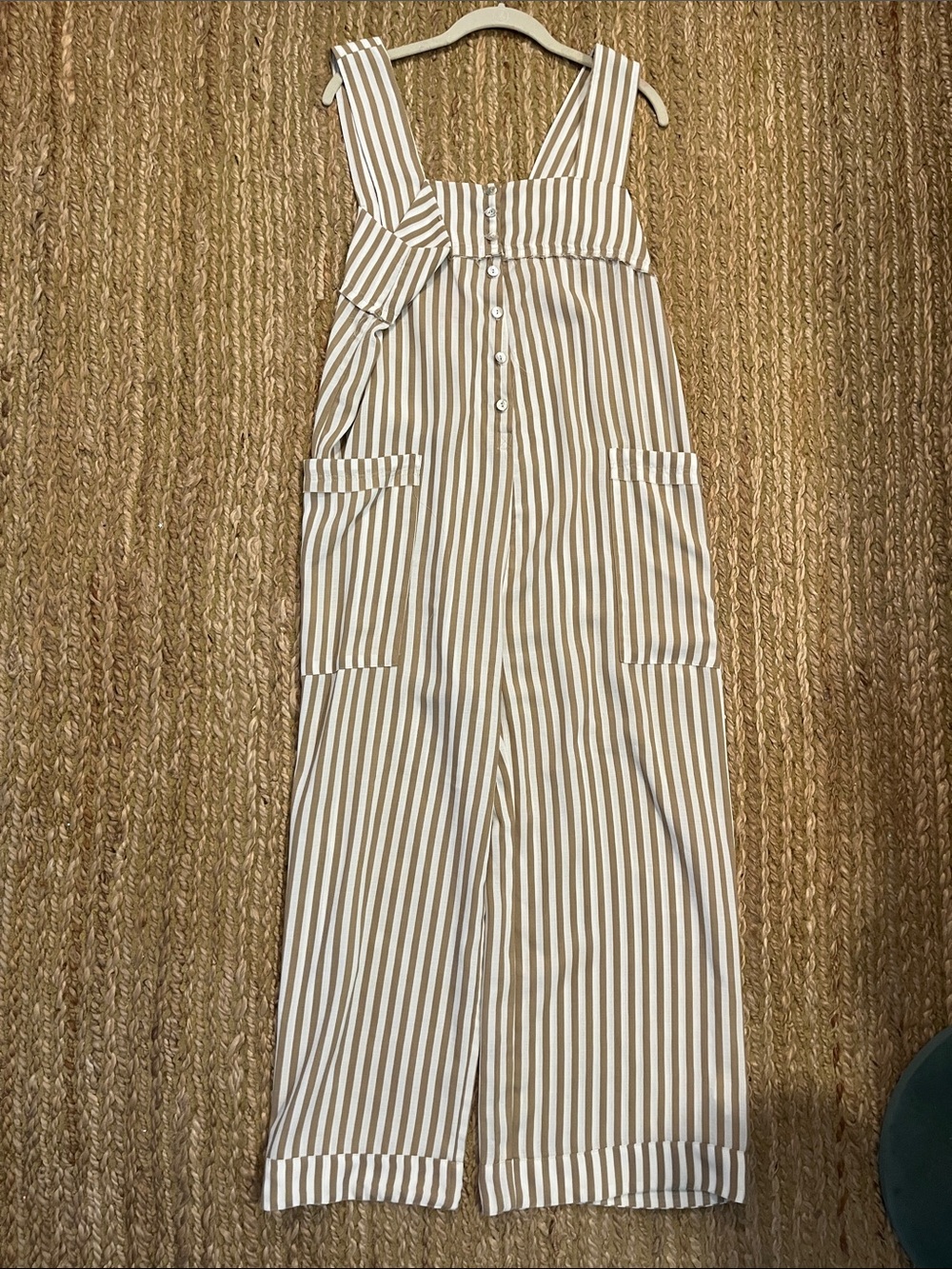 Show Me Your MuMu Beige and White Striped Button-Front Jumpsuit